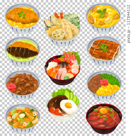 Illustration set of various rice bowls Rice bowls Illustration set of various rice bowls Rice bowls 117844112