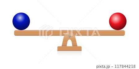 Balance of blue and red sphere on seesaw. Balls of same size and weight but of different colors, equidistant from the middle, in perfect balance on wooden seesaw. Symbol of a fragile balance of power. 117844218