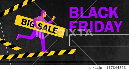 Vibrant advertisement for Black Friday, man running with sign BIG SALE, surrounded by black and yellow warning tape. Contemporary art collage. 117844238