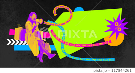 Stylish woman shouting in megaphone, surrounded by sale ribbons and tags. Contemporary art collage. 117844261