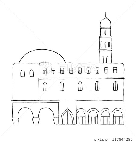 Ancient Saudi Arabia or Abu Dhabi building with tower, arches and dome in simple flat vector illustration. Black and white line Arabic house in Islamic countries sketch for tourist and travel designs 117844280