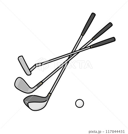 ゴルフ ゴルフクラブ パター、アイアンとドライバーとゴルフボール セットイラスト ゴルフ ゴルフクラブ パター、アイアンとドライバーとゴルフボール セットイラスト 117844431