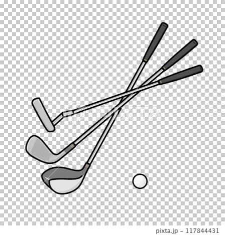 ゴルフ ゴルフクラブ パター、アイアンとドライバーとゴルフボール セットイラスト ゴルフ ゴルフクラブ パター、アイアンとドライバーとゴルフボール セットイラスト 117844431