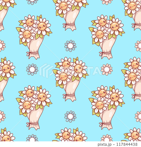 Seamless pattern with cute romantic festive bouquet with white chamomile flowers on blue background. Funny holiday kawaii cartoon character. Vector illustration. 117844438