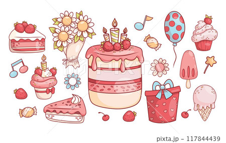 Holiday collection. Bouquet of flowers chamomile, birthday cake with candles and strawberries, cupcakes, gift, ice cream and balloon. Isolated festive items. Vector illustration. Holiday collection. Bouquet of flowers chamomile, birthday cake with candles and strawberries, cupcakes, gift, ice cream and balloon. Isolated festive items. Vector illustration. 117844439
