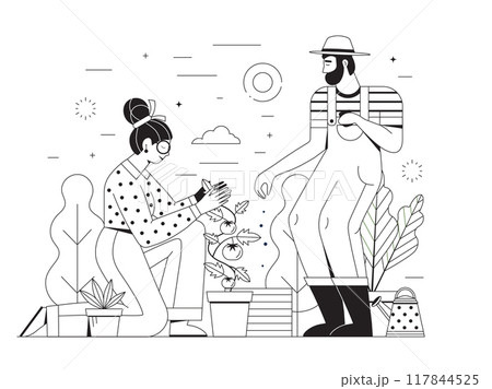 Gardening Scene with Couple Working at Garden Gardening Scene with Couple Working at Garden 117844525