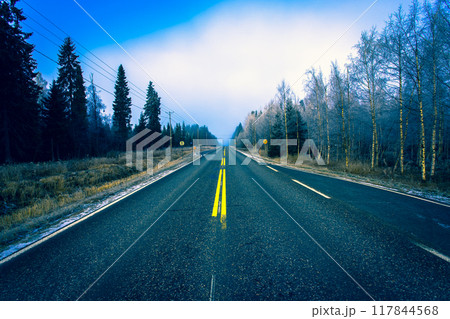 Autumn road view from Sotkamo, Finland. 117844568