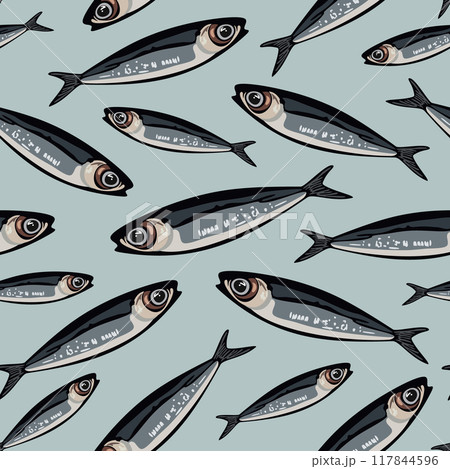 Vector seamless pattern with sardines on light blue background 117844596