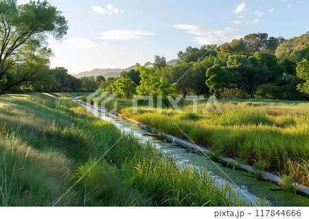 Agricultural irrigation canal with a concrete channel supplying water to a farm overgrown with reeds and trees. Generative AI Agricultural irrigation canal with a concrete channel supplying water to a farm overgrown with reeds and trees. Generative AI 117844666