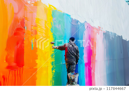 Painter man painting a wall in abstract artistic multicolor graffiti with a roller in his hand. Rainbow bright colors. Generative AI 117844667