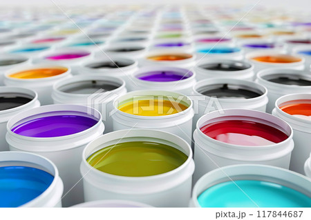 Palette of paint colors in white cans set in rows. Multi colored dye liquids in open plastic tins. Abstract view. Renovation and design choice concept. Generative AI Palette of paint colors in white cans set in rows. Multi colored dye liquids in open plastic tins. Abstract view. Renovation and design choice concept. Generative AI 117844687