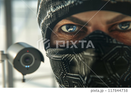 Close-up of a masked man and surveillance camera Close-up of a masked man and surveillance camera 117844738