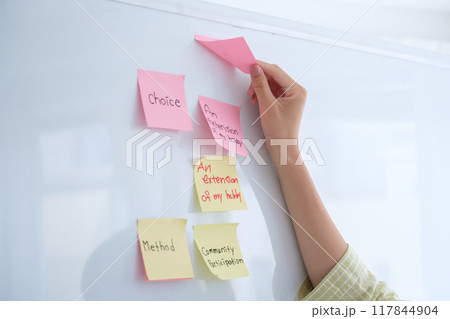 オフィスで課題を見える化する若い女性 117844904