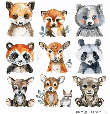 A set of different watercolor animals on a white background. 117844955