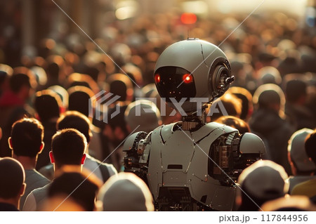 A robot in a crowd of people.Introduction of robots into people's everyday life. 117844956