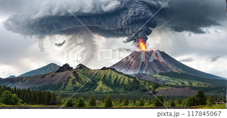 Fictitious representation of a volcanic eruption with heavy ash and dust emission, dangerous rivers of lava, volcanic eruption as a danger to people, infrastructure and global air traffic Fictitious representation of a volcanic eruption with heavy ash and dust emission, dangerous rivers of lava, volcanic eruption as a danger to people, infrastructure and global air traffic 117845067