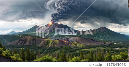Fictitious representation of a volcanic eruption with heavy ash and dust emission, dangerous rivers of lava, volcanic eruption as a danger to people, infrastructure and global air traffic Fictitious representation of a volcanic eruption with heavy ash and dust emission, dangerous rivers of lava, volcanic eruption as a danger to people, infrastructure and global air traffic 117845068