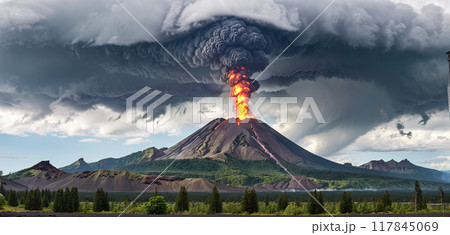 Fictitious representation of a volcanic eruption with heavy ash and dust emission, dangerous rivers of lava, volcanic eruption as a danger to people, infrastructure and global air traffic 117845069