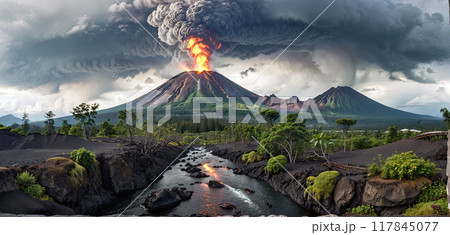 Fictitious representation of a volcanic eruption with heavy ash and dust emission, dangerous rivers of lava, volcanic eruption as a danger to people, infrastructure and global air traffic 117845077