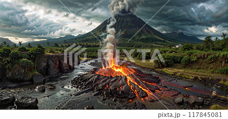 Fictitious representation of a volcanic eruption with heavy ash and dust emission, dangerous rivers of lava, volcanic eruption as a danger to people, infrastructure and global air traffic 117845081