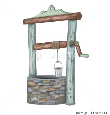 Wooden rustic water well made of stone and wood. Autumn festivals, rustic-style celebrations. Farm work, harvesting in the fields. Yard and garden decoration. Isolated digital illustrations Wooden rustic water well made of stone and wood. Autumn festivals, rustic-style celebrations. Farm work, harvesting in the fields. Yard and garden decoration. Isolated digital illustrations 117845111