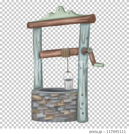 Wooden rustic water well made of stone and wood. Autumn festivals, rustic-style celebrations. Farm work, harvesting in the fields. Yard and garden decoration. Isolated digital illustrations 117845111