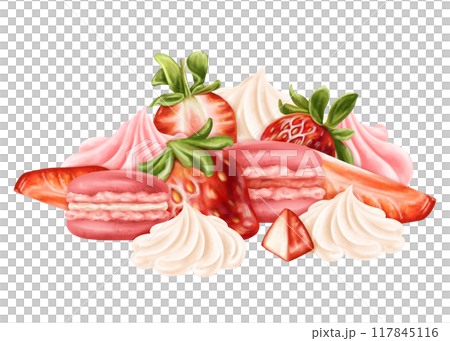 A composition of whipped cream, strawberry slices and macaroons. Berry decor for birthday parties. Topping for cakes, cupcakes, ice cream. Confectionery sweets. Digital isolated illustration 117845116