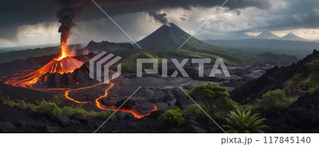 Fictitious representation of a volcanic eruption with heavy ash and dust emission, dangerous rivers of lava, volcanic eruption as a danger to people, infrastructure and global air traffic 117845140