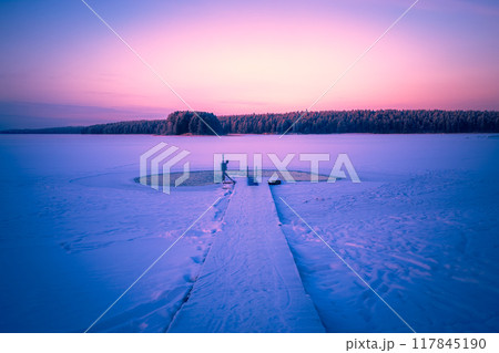 Very cold day at ice swimming place.  117845190