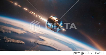 Metallic space debris from defective satellites or due to orbital collisions and small parts from space flights fly very quickly in Earth orbit 117845209