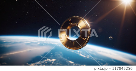 Metallic space debris from defective satellites or due to orbital collisions and small parts from space flights fly very quickly in Earth orbit 117845256