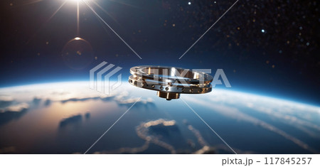 Metallic space debris from defective satellites or due to orbital collisions and small parts from space flights fly very quickly in Earth orbit 117845257