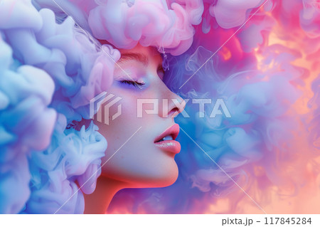 Beautiful young woman with a bright cloudy pastel hairstyle and closed eyes. Dream concept. Generative AI 117845284