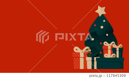 クリスマスの背景イラスト。クリスマスツリーと贈り物があります。 クリスマスの背景イラスト。クリスマスツリーと贈り物があります。 117845309