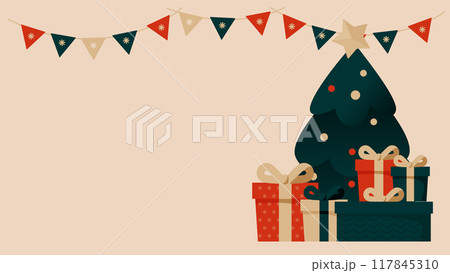 クリスマスの背景イラスト。クリスマスツリーと贈り物とガーランドフラッグがあります。 クリスマスの背景イラスト。クリスマスツリーと贈り物とガーランドフラッグがあります。 117845310