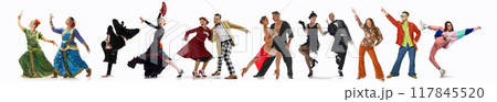 Collage. Different men and women dancing isolated on white background. Diversity of dance styles, from classical to modern, 117845520