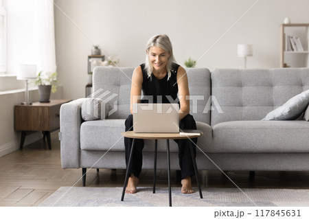 Woman working from home sit at desk typing on laptop Woman working from home sit at desk typing on laptop 117845631