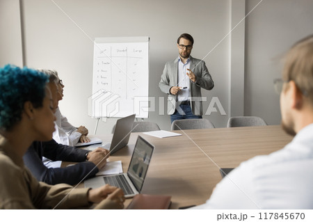Businessman standing in front of attendees, hold seminar or training Businessman standing in front of attendees, hold seminar or training 117845670