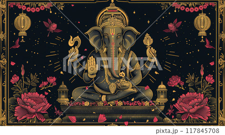 Golden Ganesha on Black Background with Floral and Lantern Motifs 117845708
