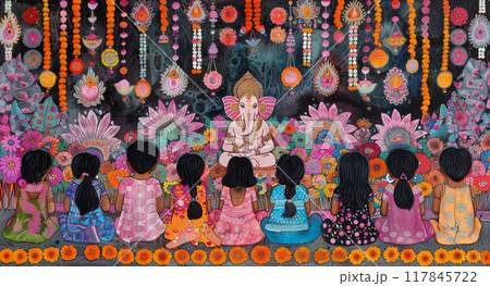Children Worshiping Ganesh with Vibrant Floral Background, Traditional Indian Art Illustration 117845722