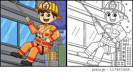 Firefighter Rappelling Coloring Page Illustration Firefighter Rappelling Coloring Page Illustration 117845808