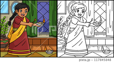 Diwali Child Lighting Candle Coloring Illustration 117845848