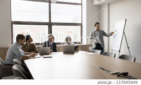 Business coach giving flip chart presentation for stakeholders 117845849