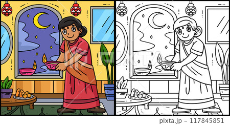 Diwali Mom Holding a Candle Coloring Illustration Diwali Mom Holding a Candle Coloring Illustration 117845851