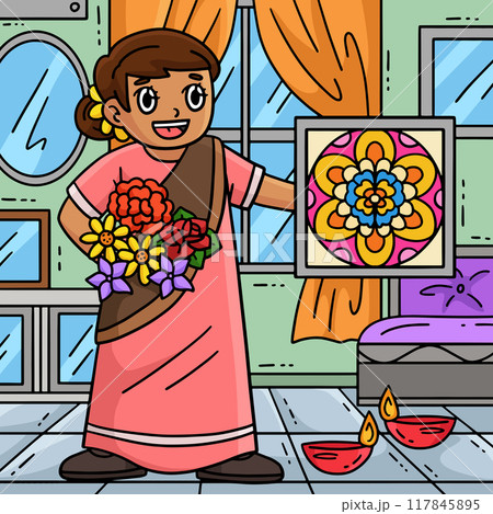 Diwali Girl with Flowers for Rangoli Colored  117845895