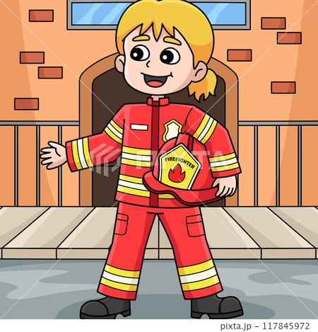Female Firefighter Colored Cartoon Illustration 117845972