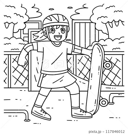 Skateboard Girl Playing Coloring Page for Kids Skateboard Girl Playing Coloring Page for Kids 117846012