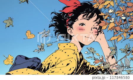 紅葉に包まれた中、着物を纏った若い女性が佇んでいる