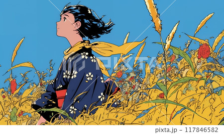 紅葉に包まれた中、着物を纏った若い女性が佇んでいる