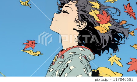 紅葉に包まれた中、着物を纏った若い女性が佇んでいる